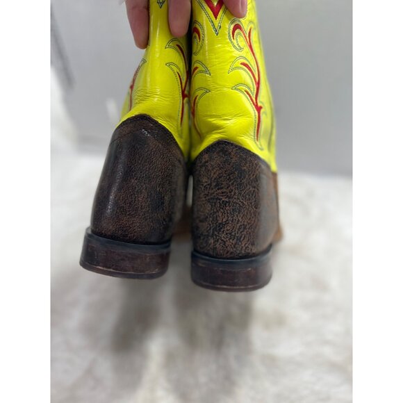 Old West Youth Cowboy Boots Size 7 D Neon Yellow & Brown Leather - Picture 8 of 11